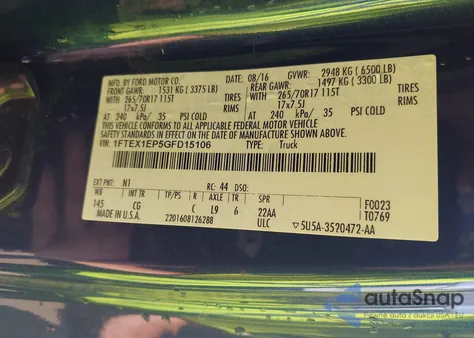 2016 Ford F-150 Xl из США, поврежденный, VIN 1FTEX1EP5GFD15106